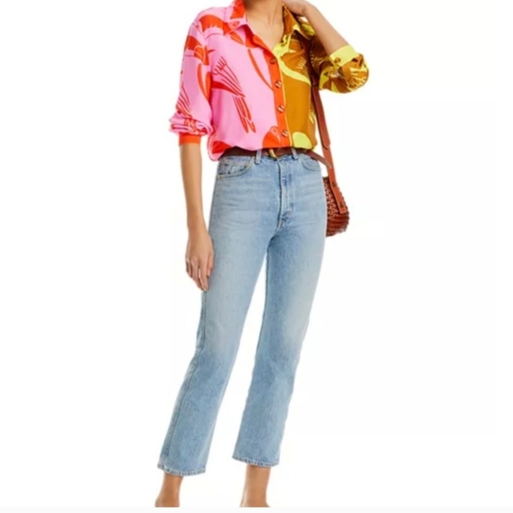 FARM Rio Toucans Mix Rainbow  Pink and Yellow Button Down Shirt Blouse Sz S - Picture 6 of 6